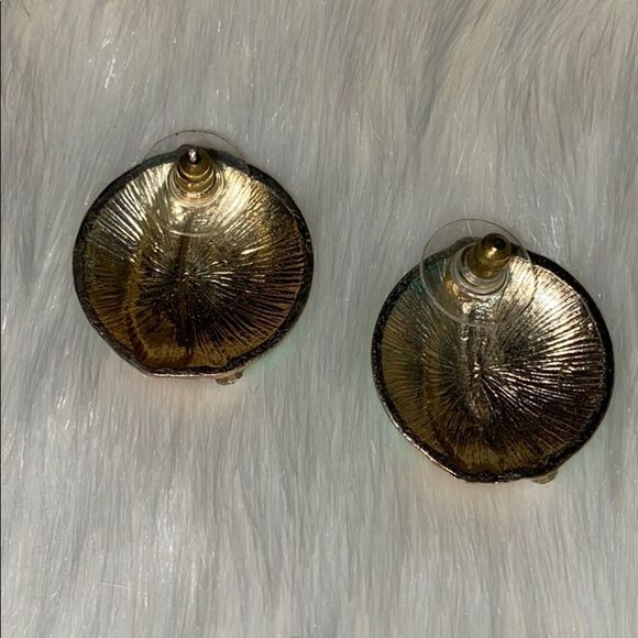 Mint Green Gold with Faux Paved Diamond Round Enamel Earrings with Post Backs - Picture 5 of 6